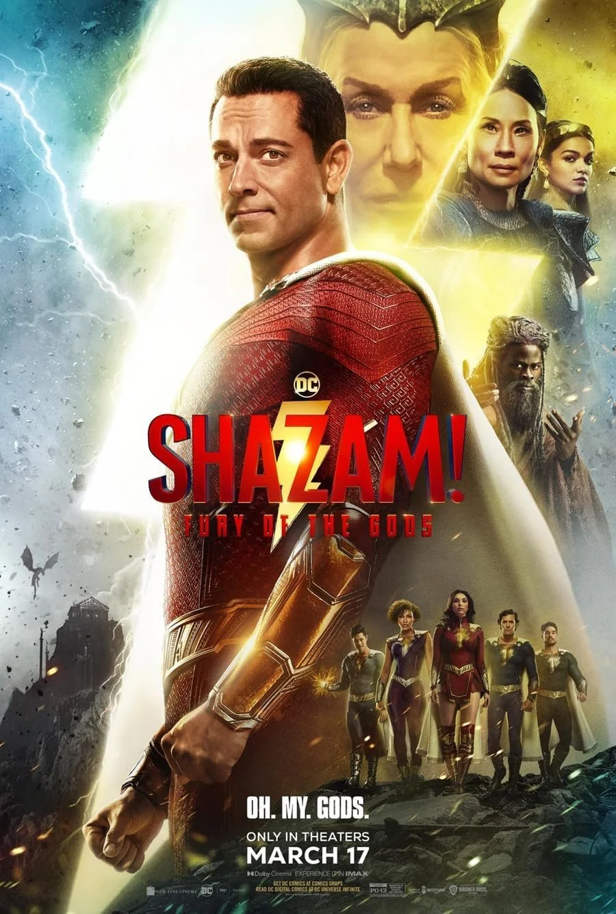 Promotional poster for the movie 'Shazam! Fury of the Gods,' featuring the main character in a red suit with lightning symbols, surrounded by other characters and mythical elements, with a stormy background and the release date March 17.
