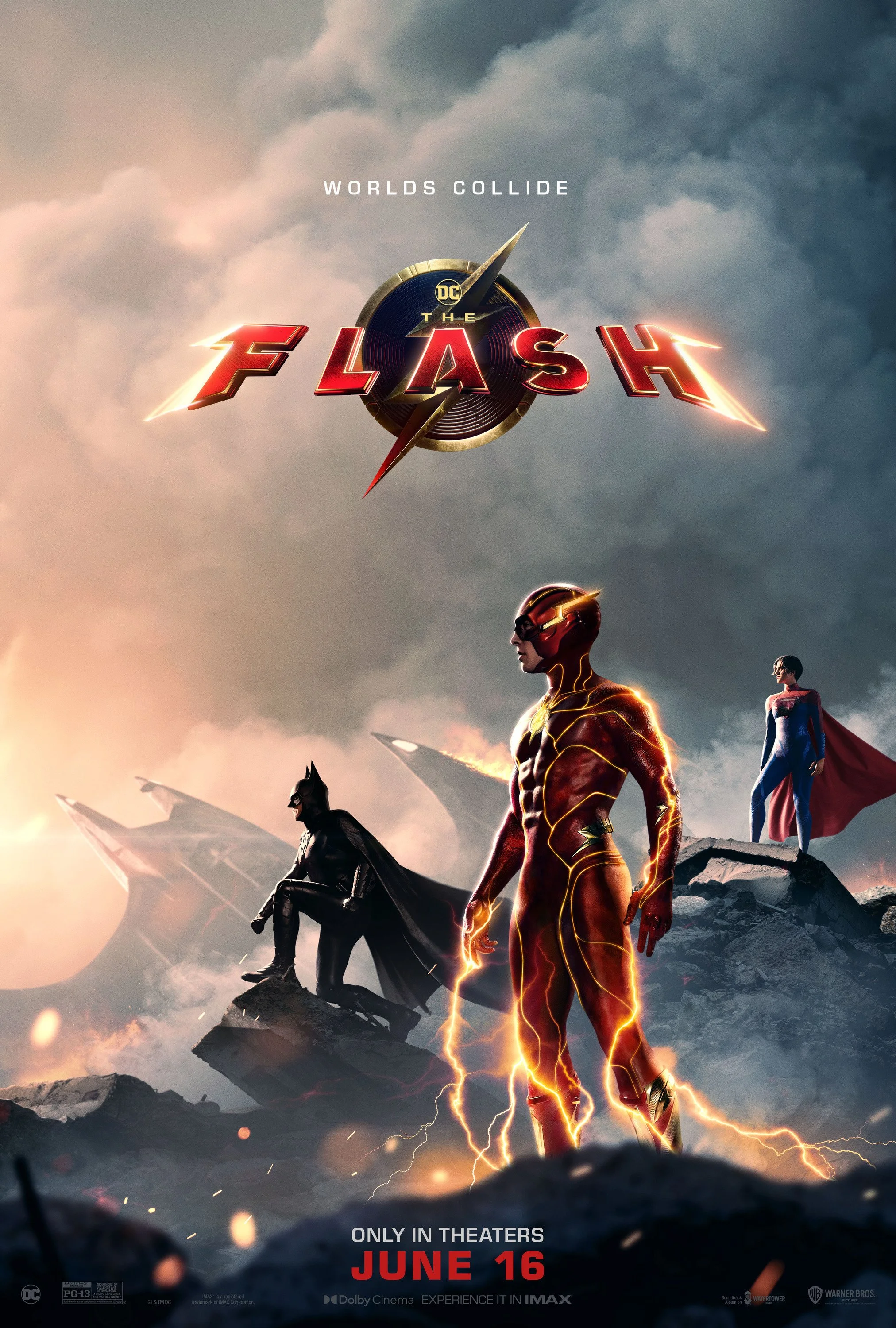 Promotional poster for the movie "The Flash" showing the Flash in the foreground with lightning strikes, Batman, and Supergirl in the background, with a stormy sky and destroyed landscape.
