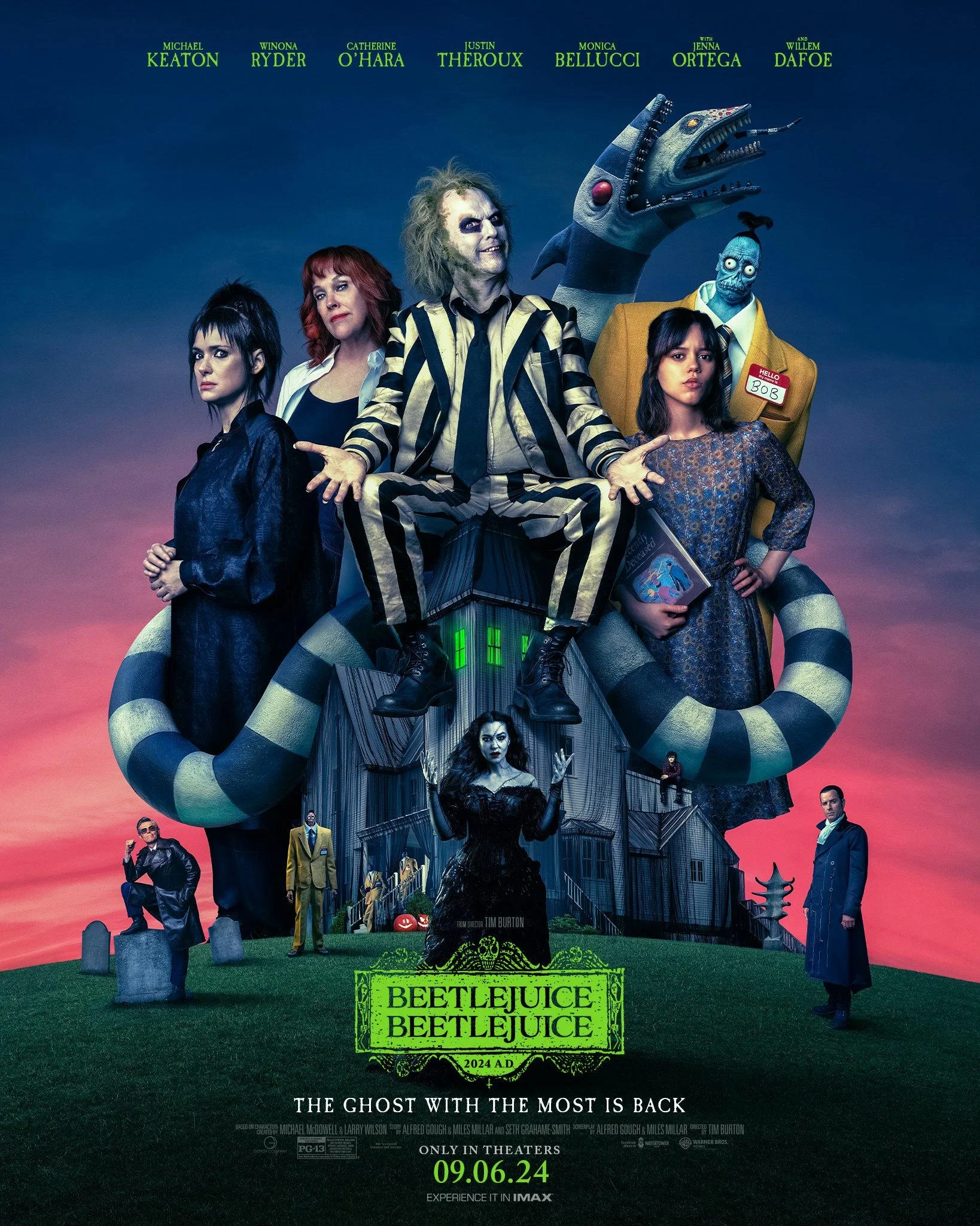 A movie poster for 'Beetlejuice Beetlejuice' showing the main cast, including Beetlejuice, Lydia, and other characters, with a spooky house and graveyard in the background, and the release date of September 6, 2024.