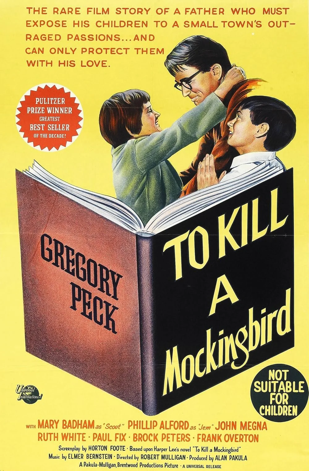 Movie poster for 'To Kill a Mockingbird' showing three people, a woman, a man, and a boy, looking at each other affectionately. The book's title dominates the lower part of the poster, with the author's name, Gregory Peck, on the book cover. A yellow