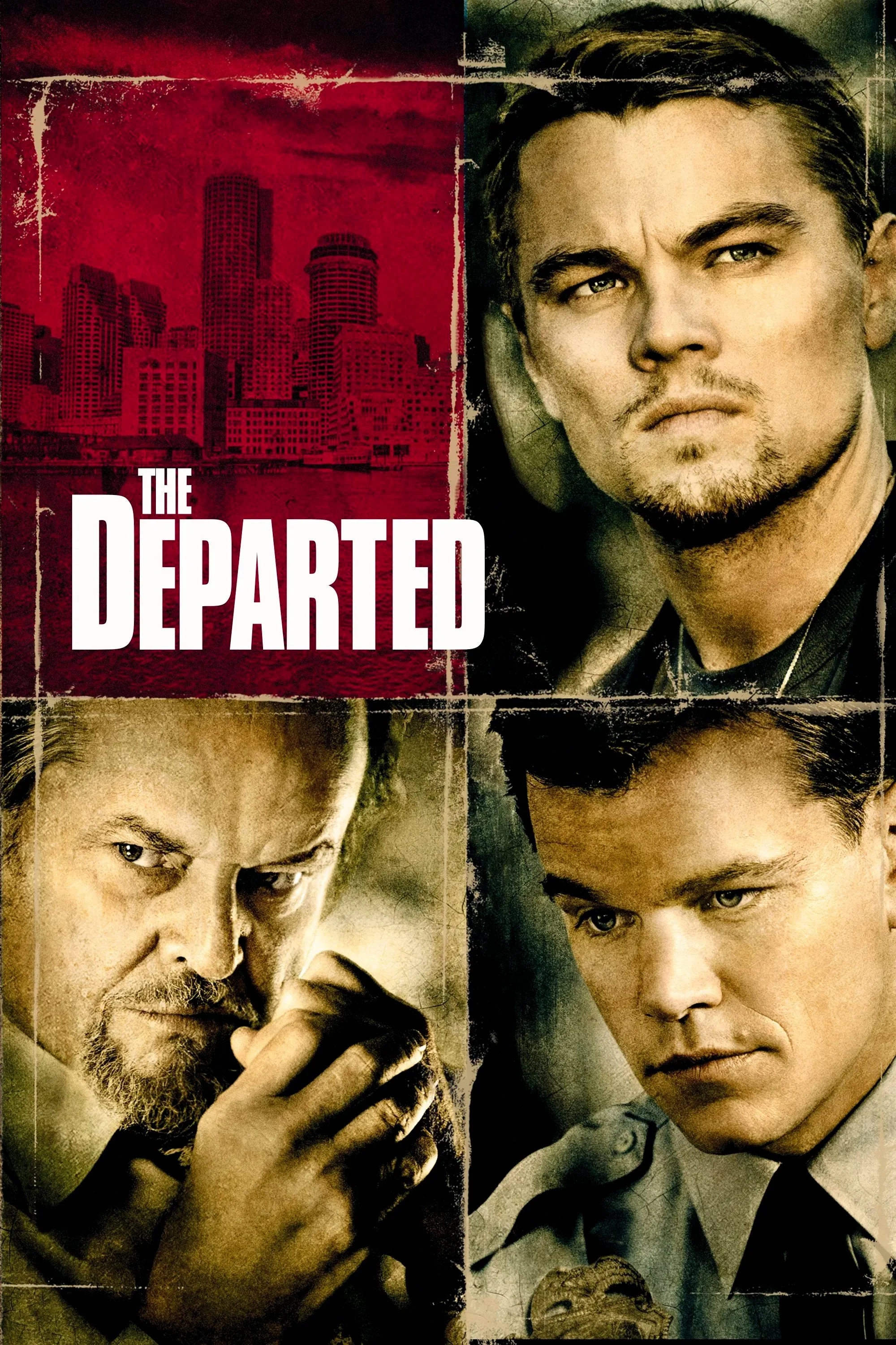 A promotional poster for the movie "The Departed" featuring three men with serious expressions. The background has a cityscape in red hues, and the title "The Departed" is prominently displayed in white text.