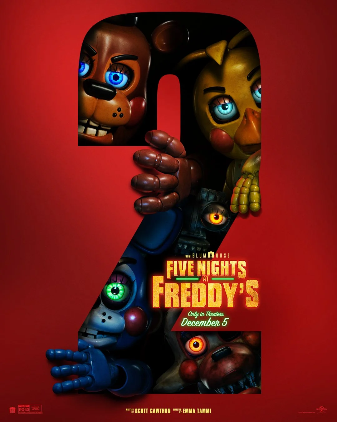 Promotional poster for the movie Five Nights at Freddy's depicting various animated animatronic characters with glowing eyes inside a large red number 9, with the movie title and release date.