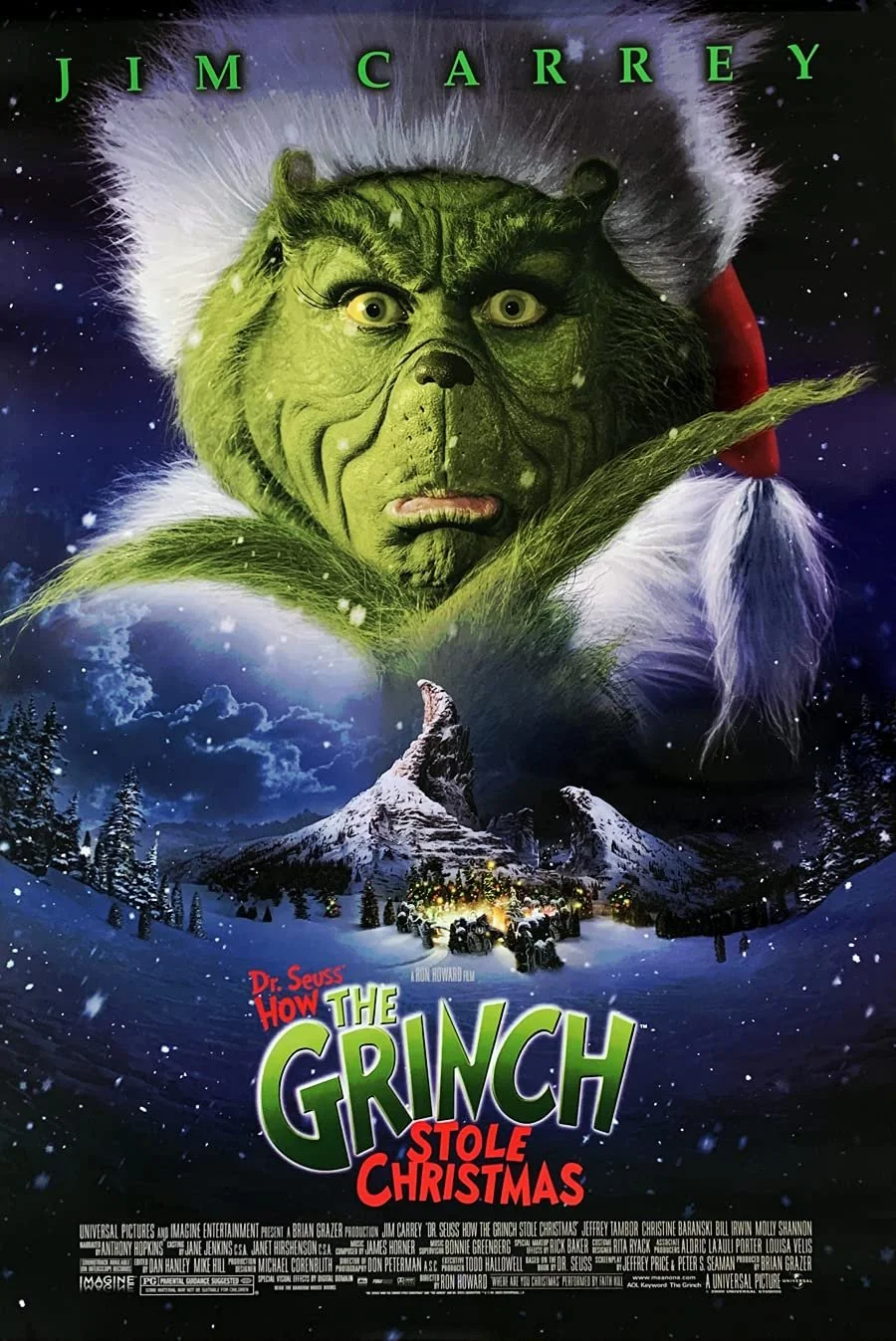 Movie poster for 'How the Grinch Stole Christmas' featuring the Grinch with heather green skin, yellow eyes, and wearing a Santa hat and coat, set against a snowy mountain landscape at night.