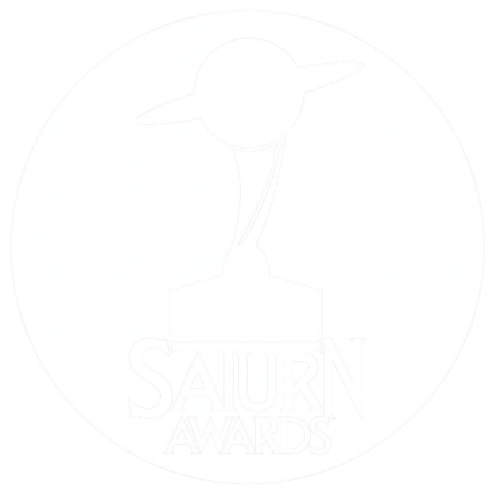 Black and white logo for the Saturn Awards featuring a stylized Saturn planet with rings, positioned above the text 'Saturn Awards'.