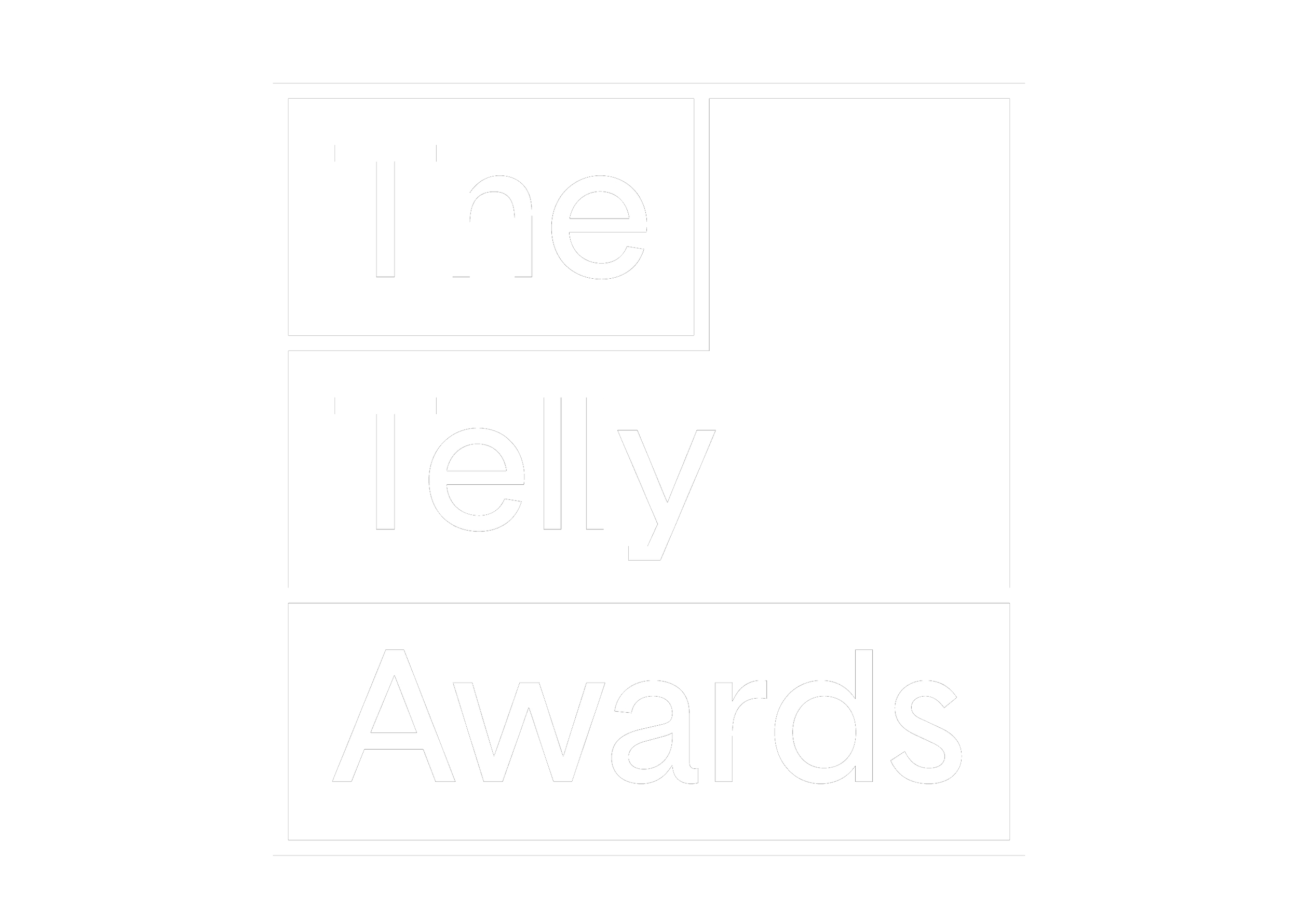 Logo for The Telly Awards featuring black background with white text inside outlined boxes.