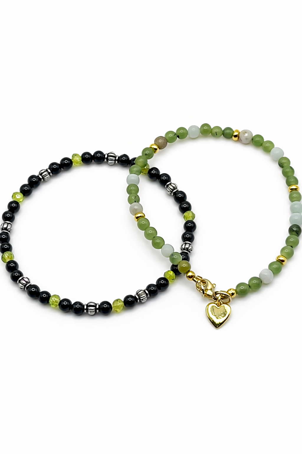 Prehnite Bracelet  -  Onyx and crystal with silver accents