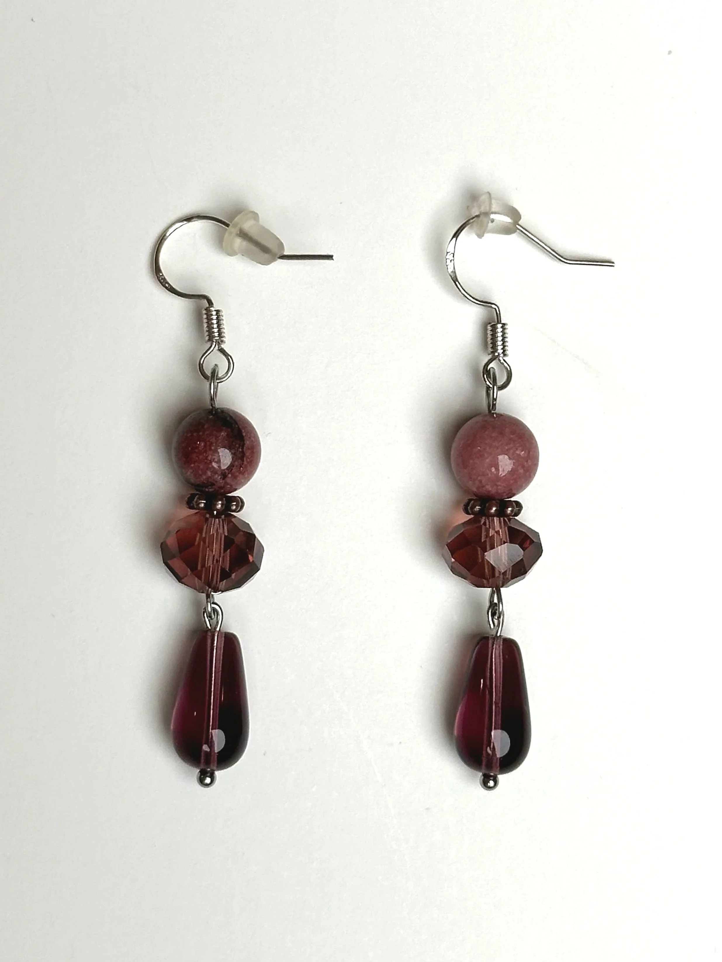 Elegant Crystal & Natural Rhodonite Stone Earrings