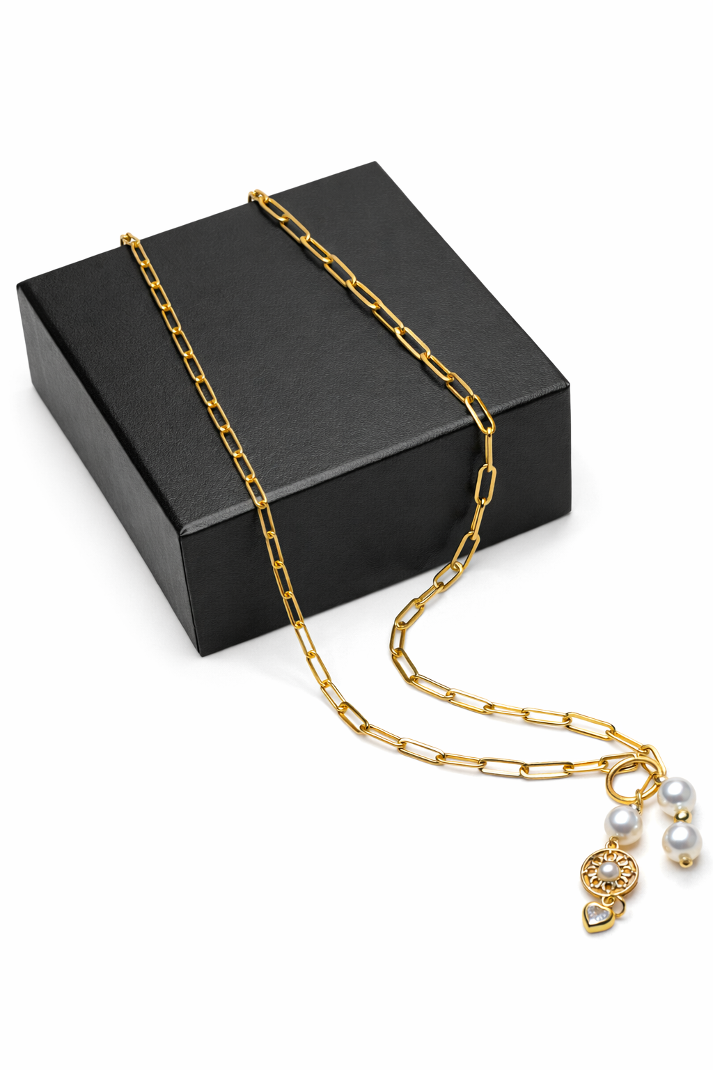 Gold-Linked Pearl Charm Necklace