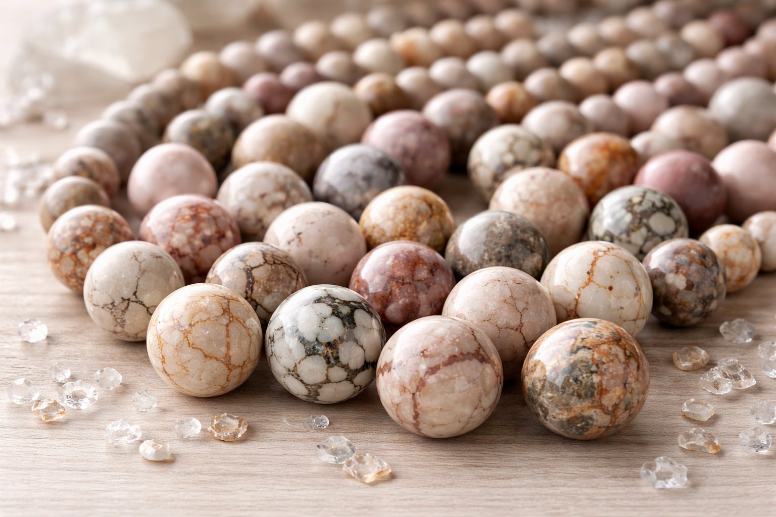 Multiple marbled gemstone spheres arranged on a wooden surface with scattered clear crystals around.