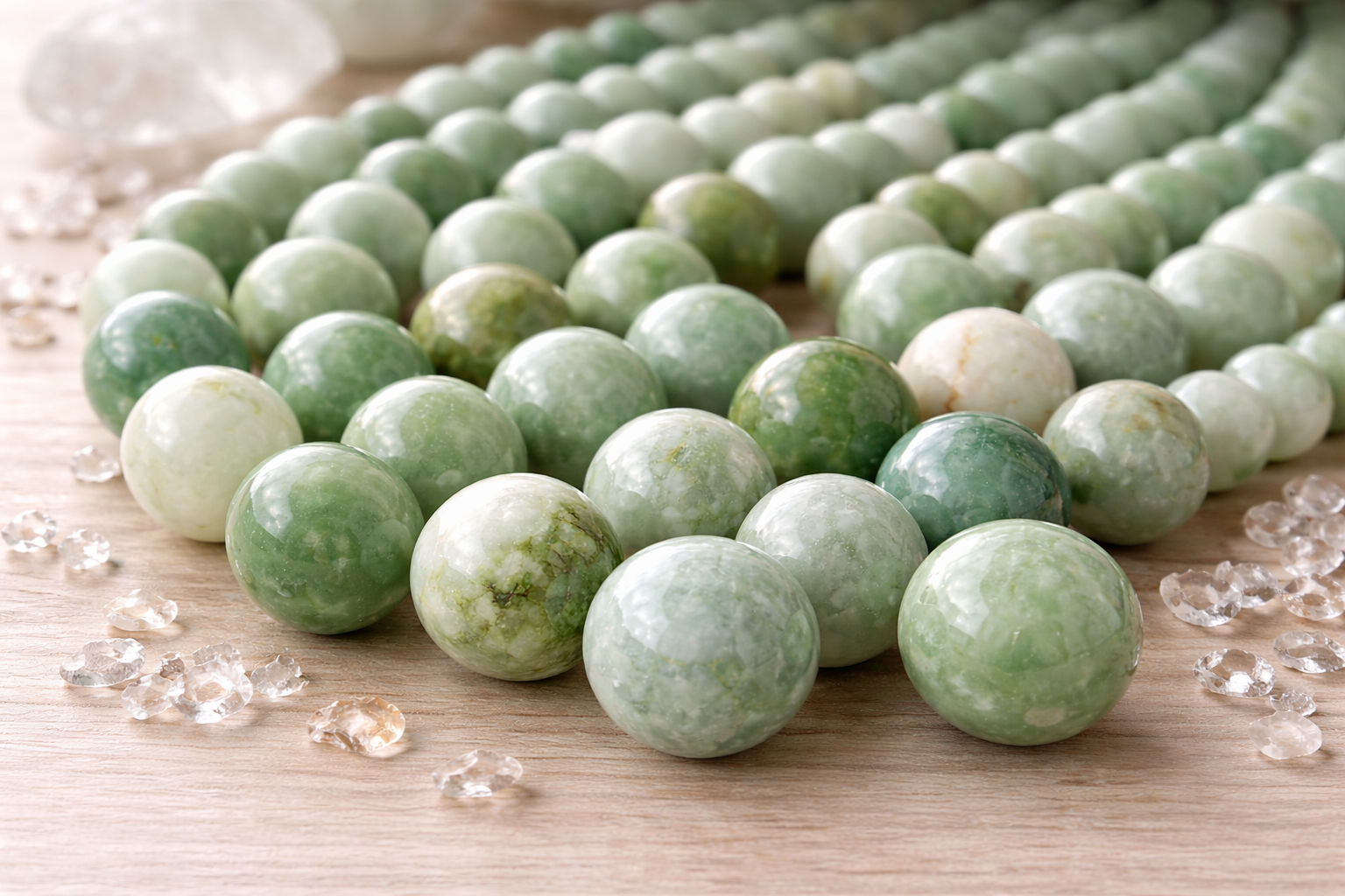 Green and white marbled gemstone beads arranged in rows on a wooden surface with small clear quartz crystals scattered around.