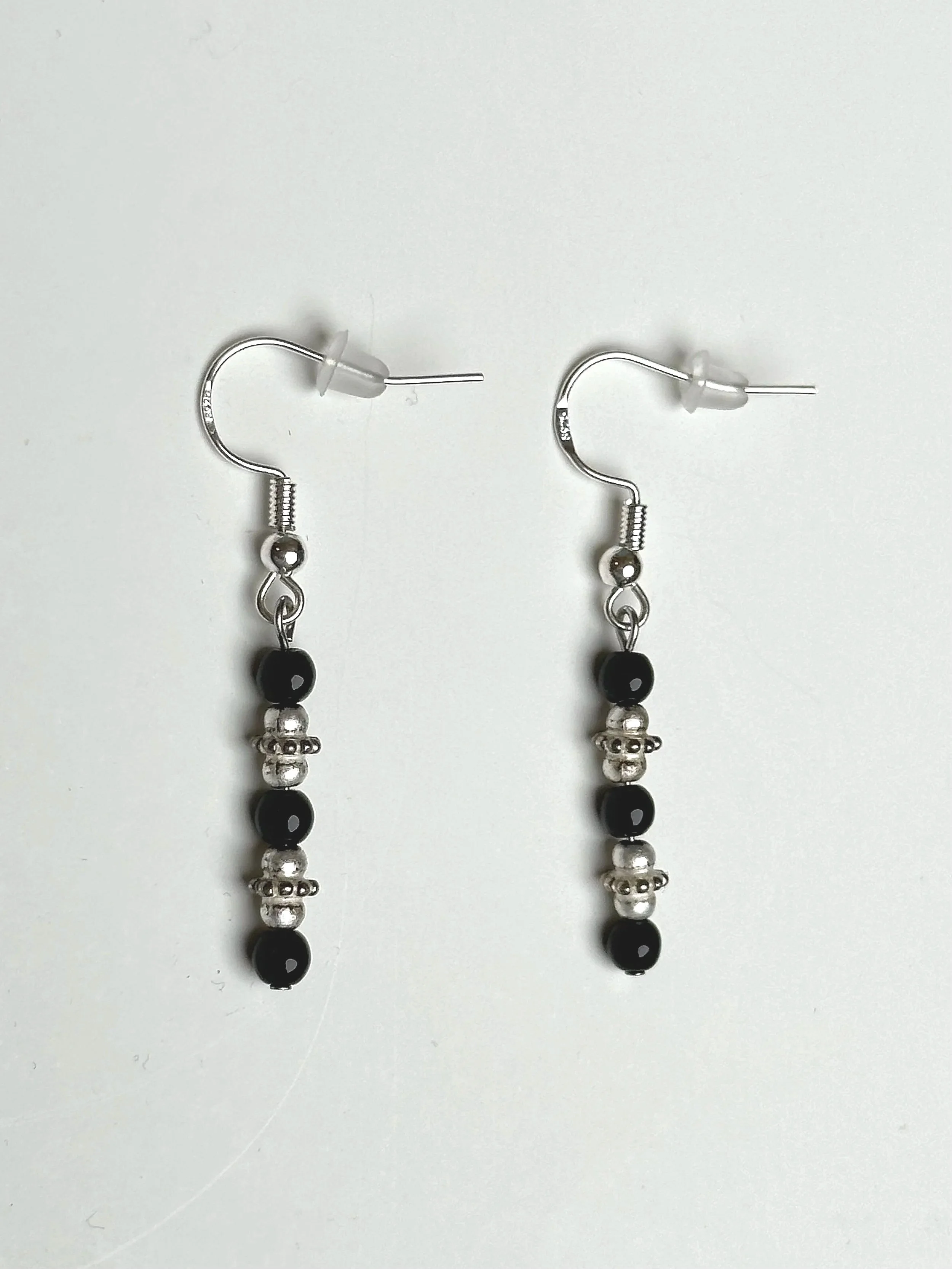 Silver-Plated Black Beaded Earrings