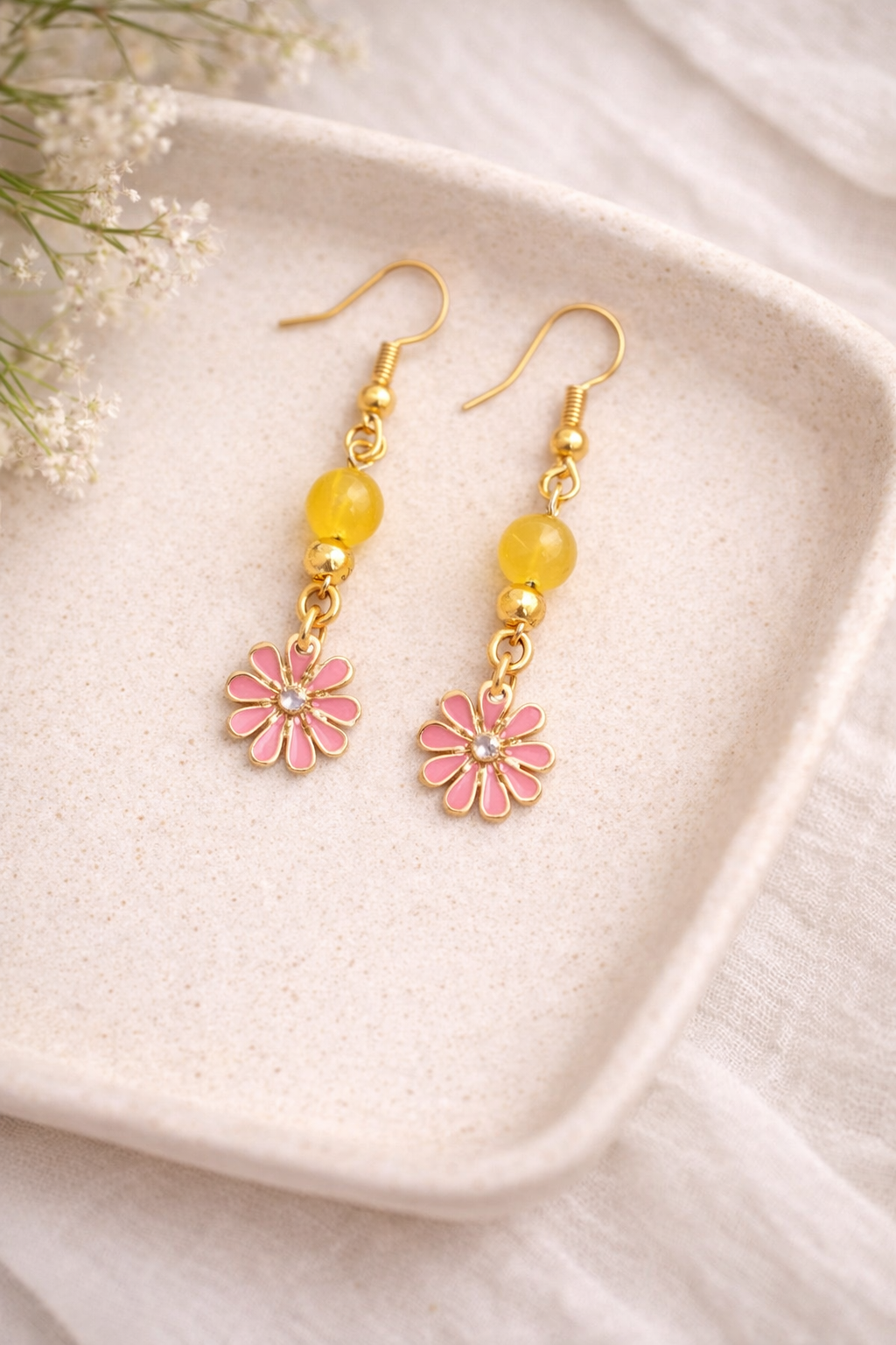 Handmade Pink Flower Drop Earrings