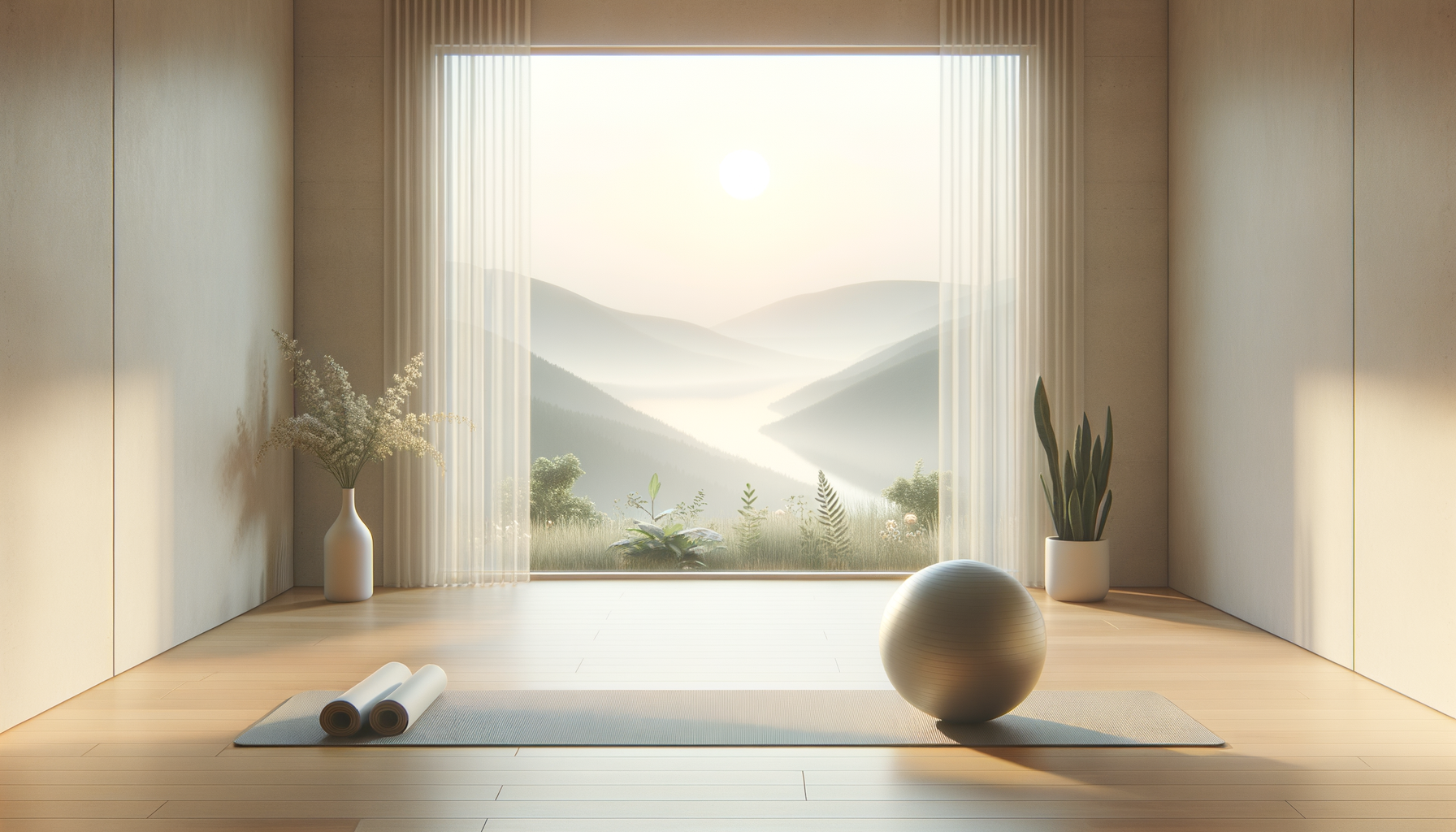 A minimalistic yoga or meditation room with a view of misty mountains, a large window with sheer curtains, a yoga mat, two rolled-up towels, a large exercise ball, a potted plant, and a vase with white flowers.