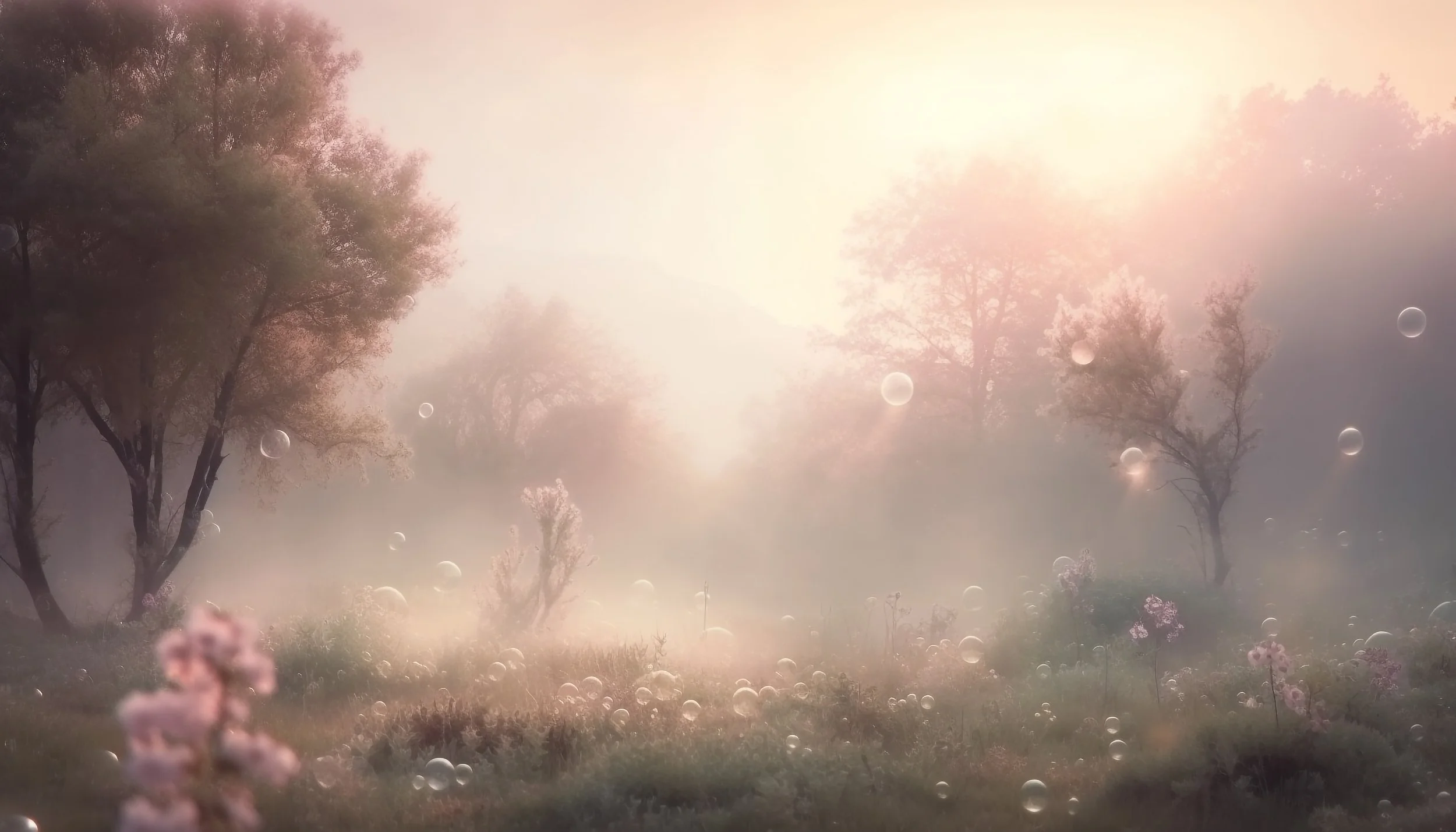 A dreamy, foggy landscape with tall trees in soft pastel colors, some pink flowers in the foreground, and floating bubbles in the air, illuminated by a bright, warm light.