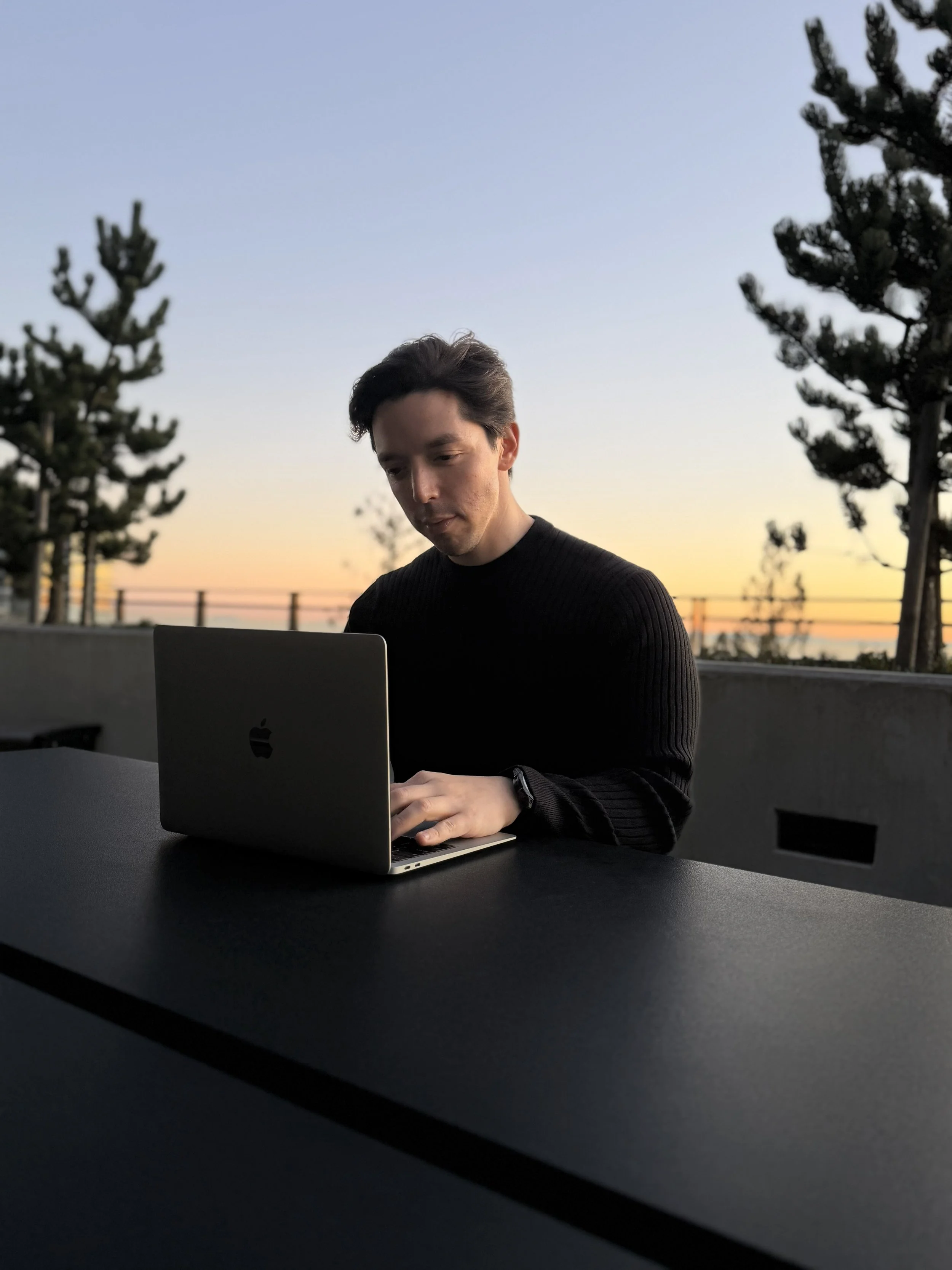 A young accountant working on a laptop outdoors at sunset with trees in the background - Canada.
