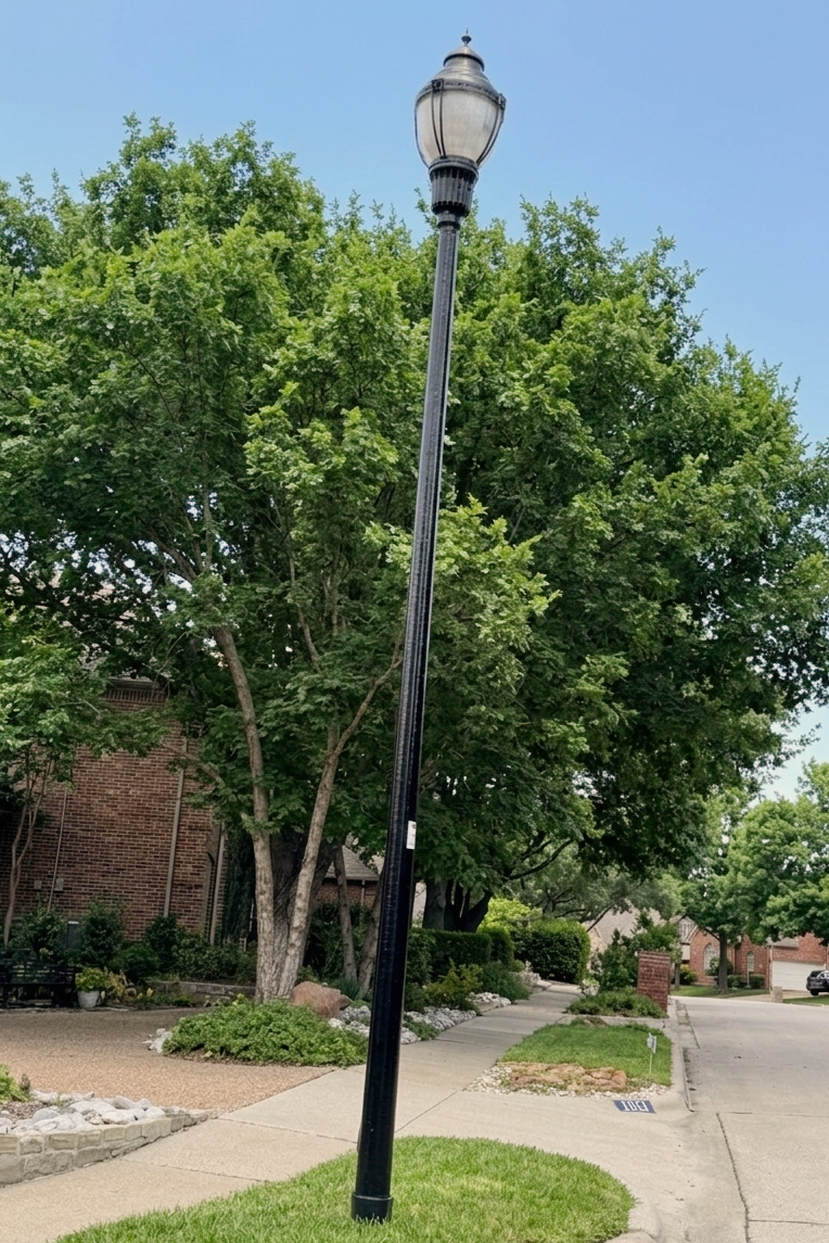 A black vintage-style street lamp post stands on a sidewalk in a residential neighborhood, surrounded by green trees and shrubs, with a clear blue sky overhead.