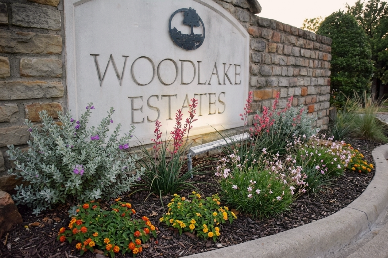 A stone and brick sign reads 'Woodlake Estates' with plants and flowers in front.