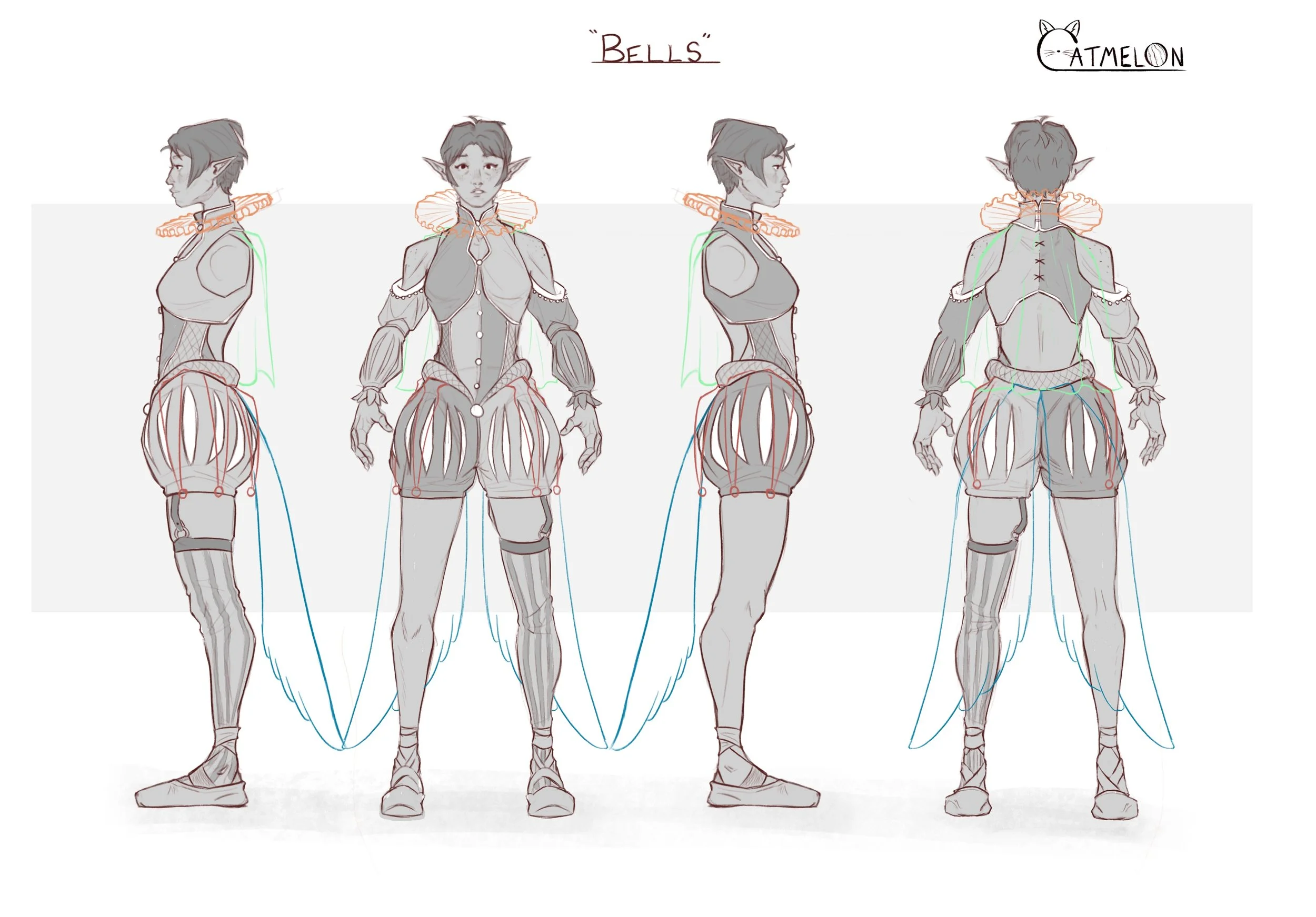 A character turn around of the Charactee Bellara Bells for the character design project “Bells”