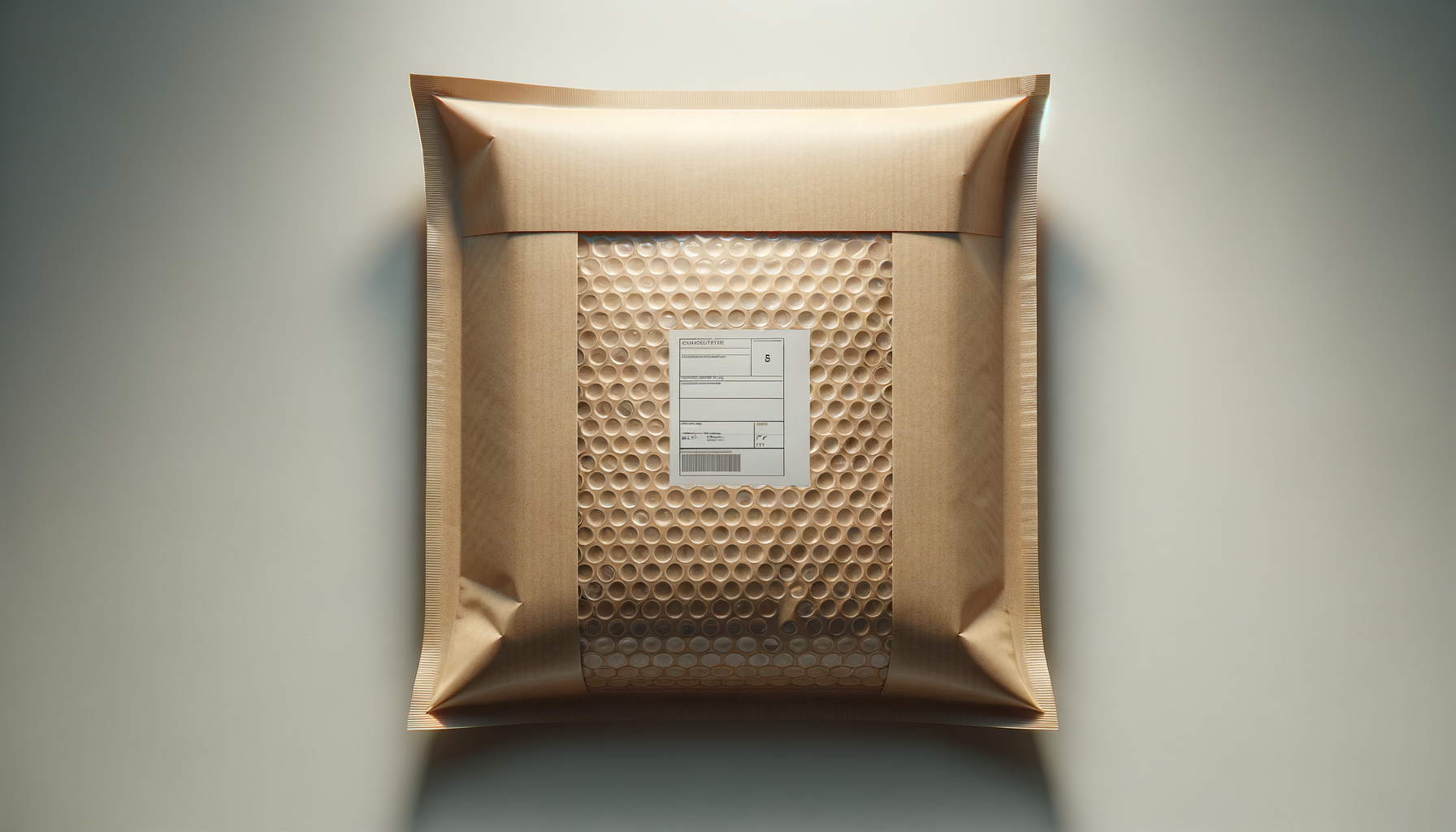 Package wrapped in metallic gold bubble mailer with shipping label in the center.