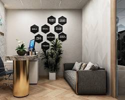 Sala de oficina moderna con paredes blancas, planta, sofá gris con cojines blancos y negros, y una mesa dorada con objetos decorativos.