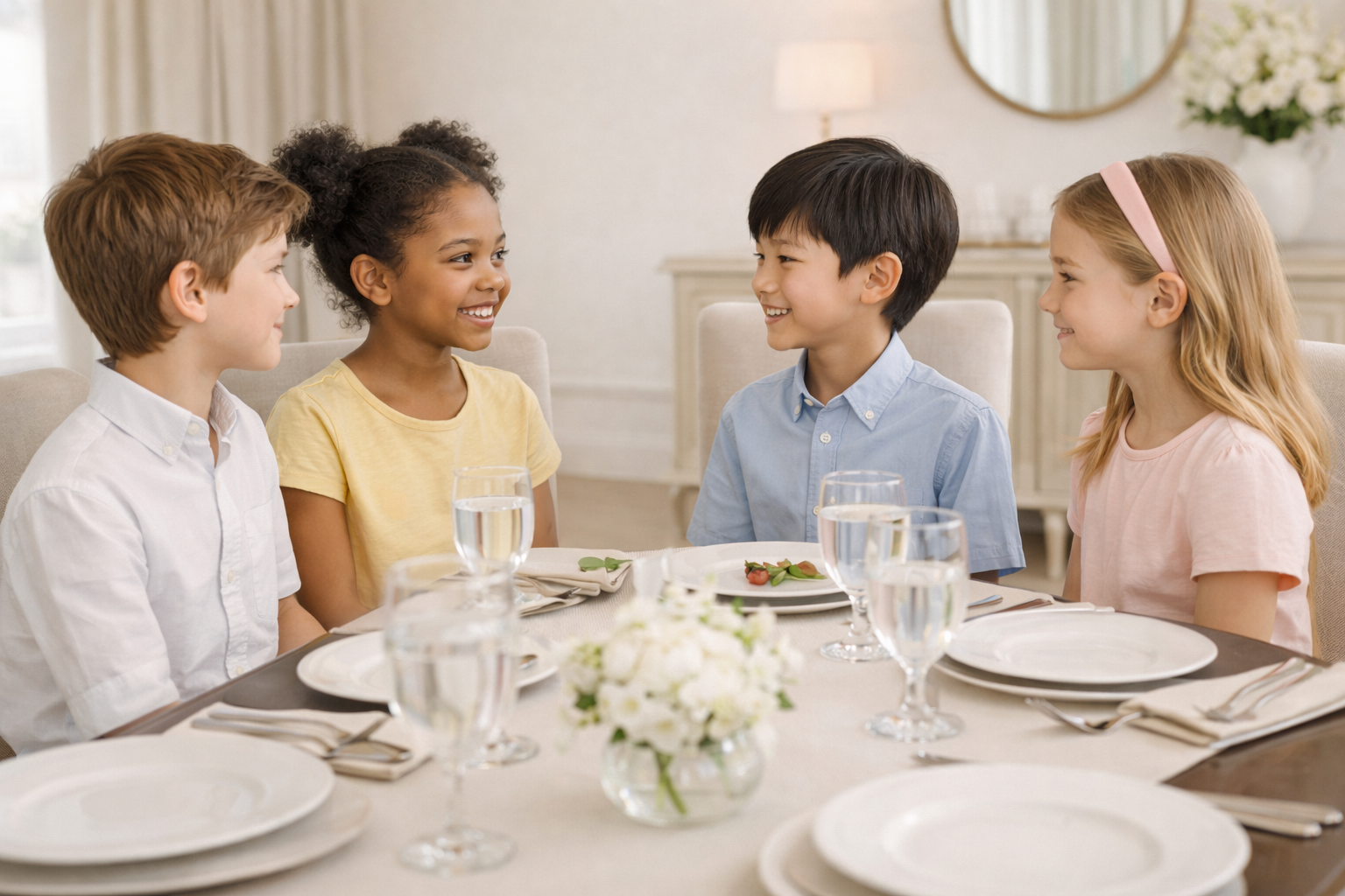 Four children sitting at a dining table, smiling and talking to each other, with plates, glasses of water, and a flower centerpiece in a well-lit, elegant dining room.