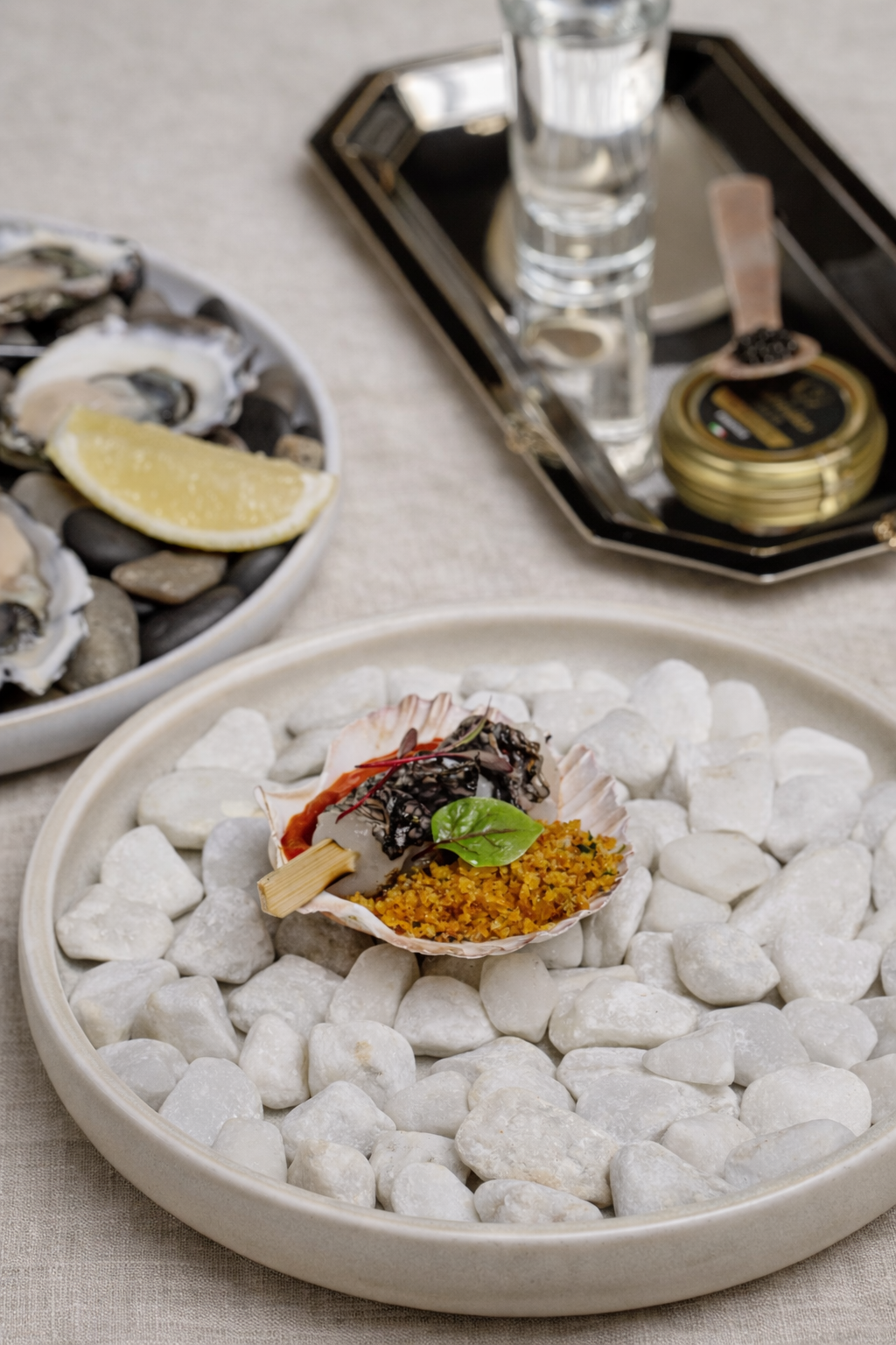 Caviar bump, natural oysters and torched scallop skewer dish.