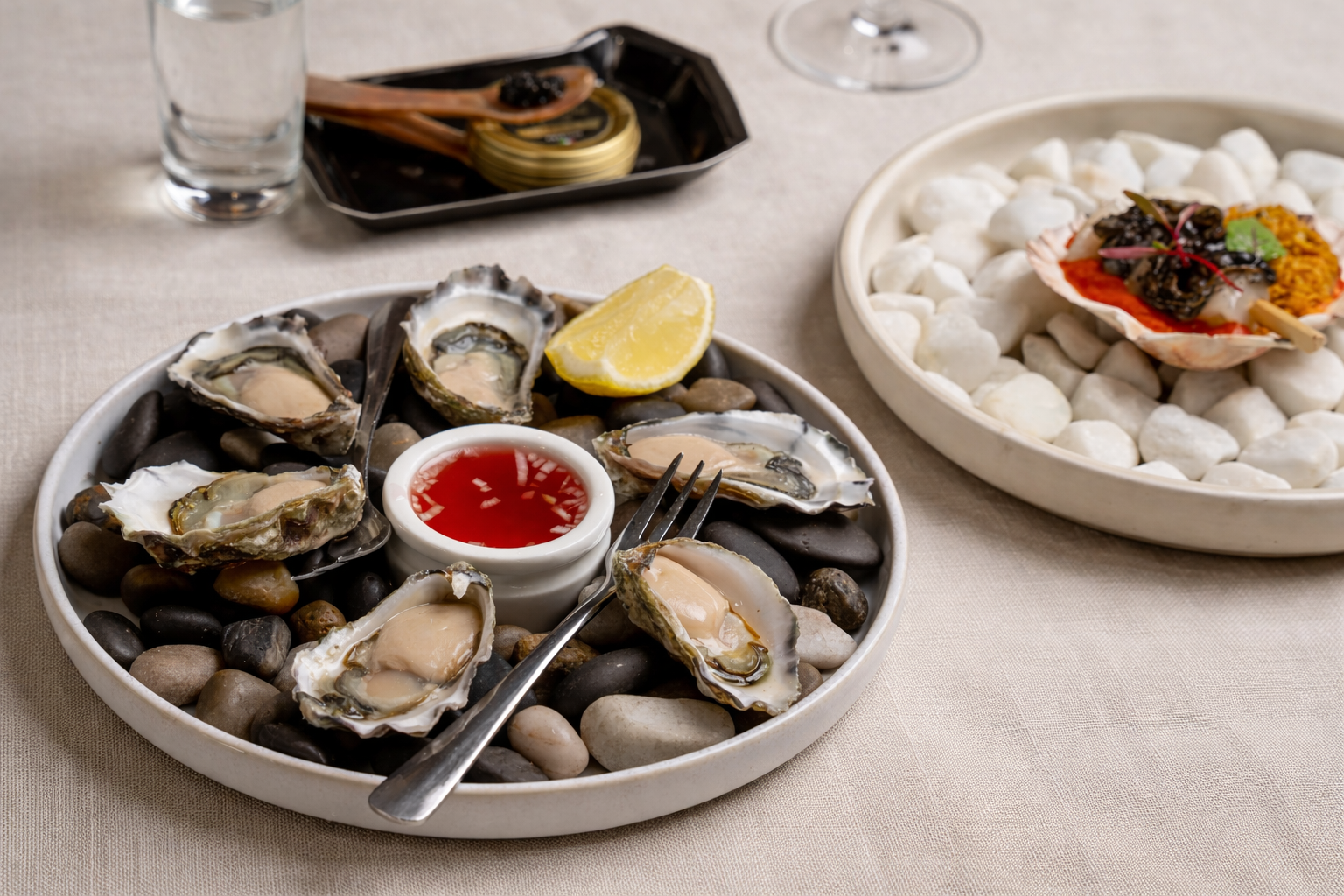 A plate of raw oysters on a bed of stones with lemon wedges and mignonette dressing and another dish with a shell containing a seafood appetizer on a bed of white pebbles.