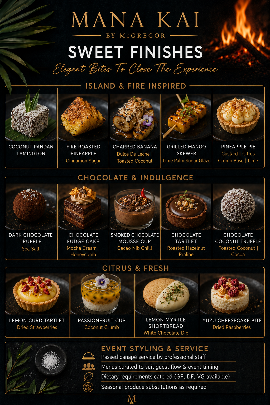 A menu showcasing a variety of tropical-inspired desserts divided into categories: Island & Fire Inspired, Chocolate & Indulgence, and Citrus & Fresh. Includes images of coconut pandan lamington, fire roasted pineapple, charred banana, grilled mango skewer, pineapple pie, dark chocolate truffle, chocolate fudge cake, smoked chocolate mousse cup, chocolate tartlet, coconut truffle, lemon curd tartlet, passionfruit cup, lemon myrtle shortbread, and yuzu cheesecake bite.
