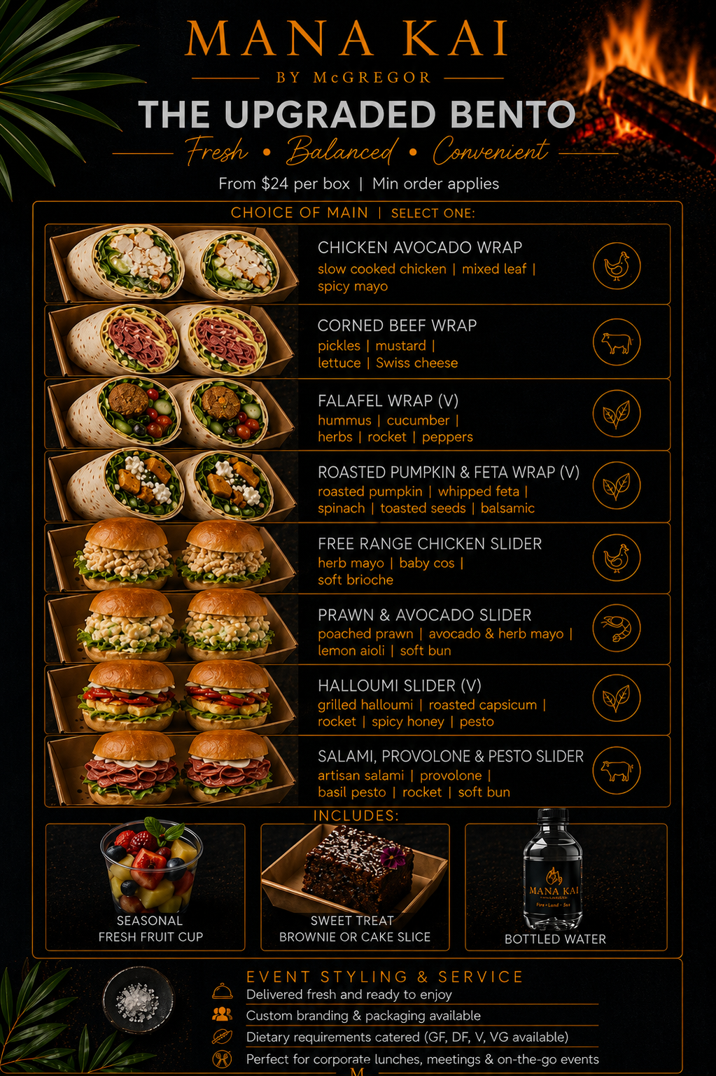 Menu poster for Mana Kai by McGregor featuring upgraded bento options with various wraps and sliders, a bowl of seasonal fresh fruit, brownie, and bottled water, on a black background with orange and white text.
