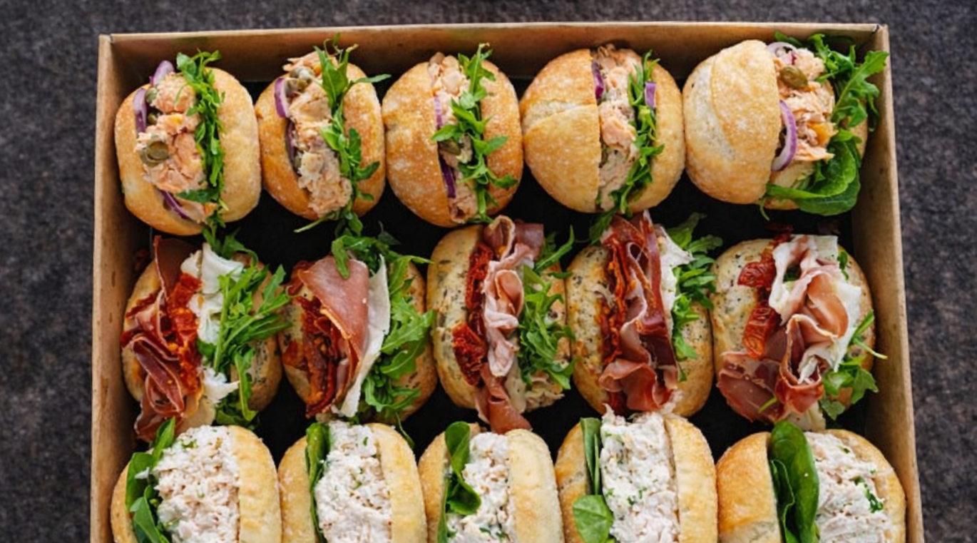 Tray of assorted mini sandwiches from Mana Kai Catering Bento Boxes
