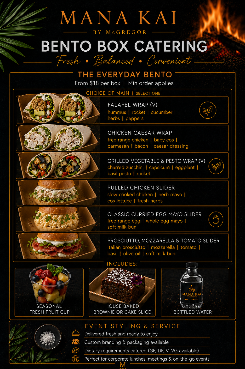 Menu board for Manakai by McGregor offering bento box catering options including falafel wrap, chicken Caesar wrap, grilled vegetable and pesto wrap, pulled chicken slider, classic curried egg mayo slider, prosciutto mozzarella and tomato slider; includes fresh fruit cup, brownie or cake slice, bottled water; promotes event styling and services for corporate events.