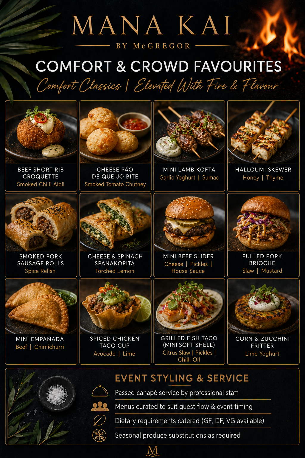 Food menu featuring various dishes including beef short rib croquette, cheese pão de queijo bite, mini lamb kofta, halloumi skewer, smoked pork sausage rolls, cheese and spinach spanakopita, mini beef slider, pulled pork brioche, mini empanada, spiced chicken taco cup, grilled fish taco, and corn and zucchini fritter, with a dark background and gold accents.