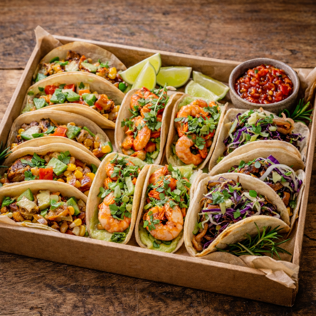 A tray of various tacos with different fillings, lime wedges, and a small bowl of salsa. Mana Kai Catering Boxes Gourmet Fresh