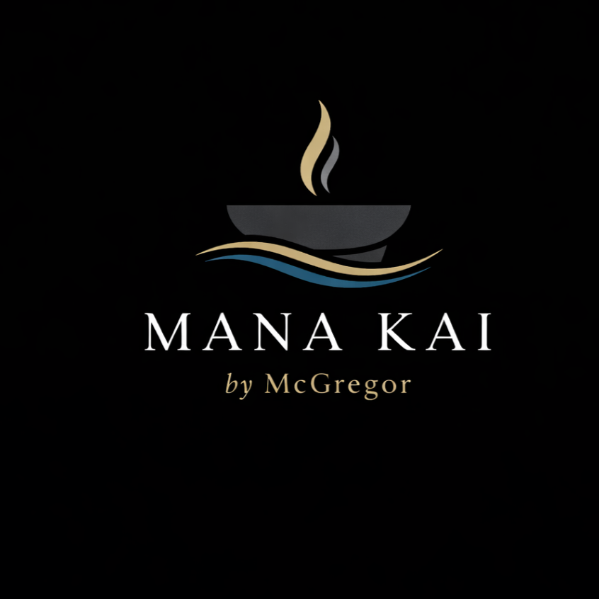 Logo for Mana Kai by McGregor Catering Sydney featuring a steaming bowl with curved lines representing steam and water, on a black background
