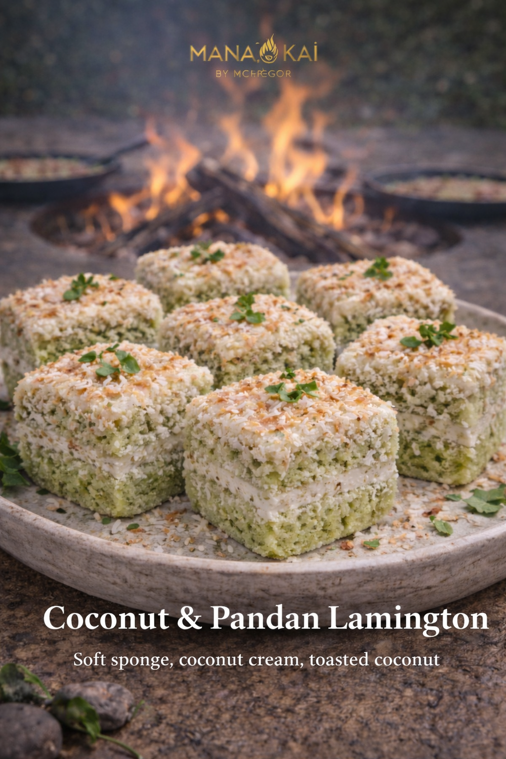 Squares of Coconut & Pandan Lamingtons garnished with micro mint, on a plate in front of a campfire grill with flames.