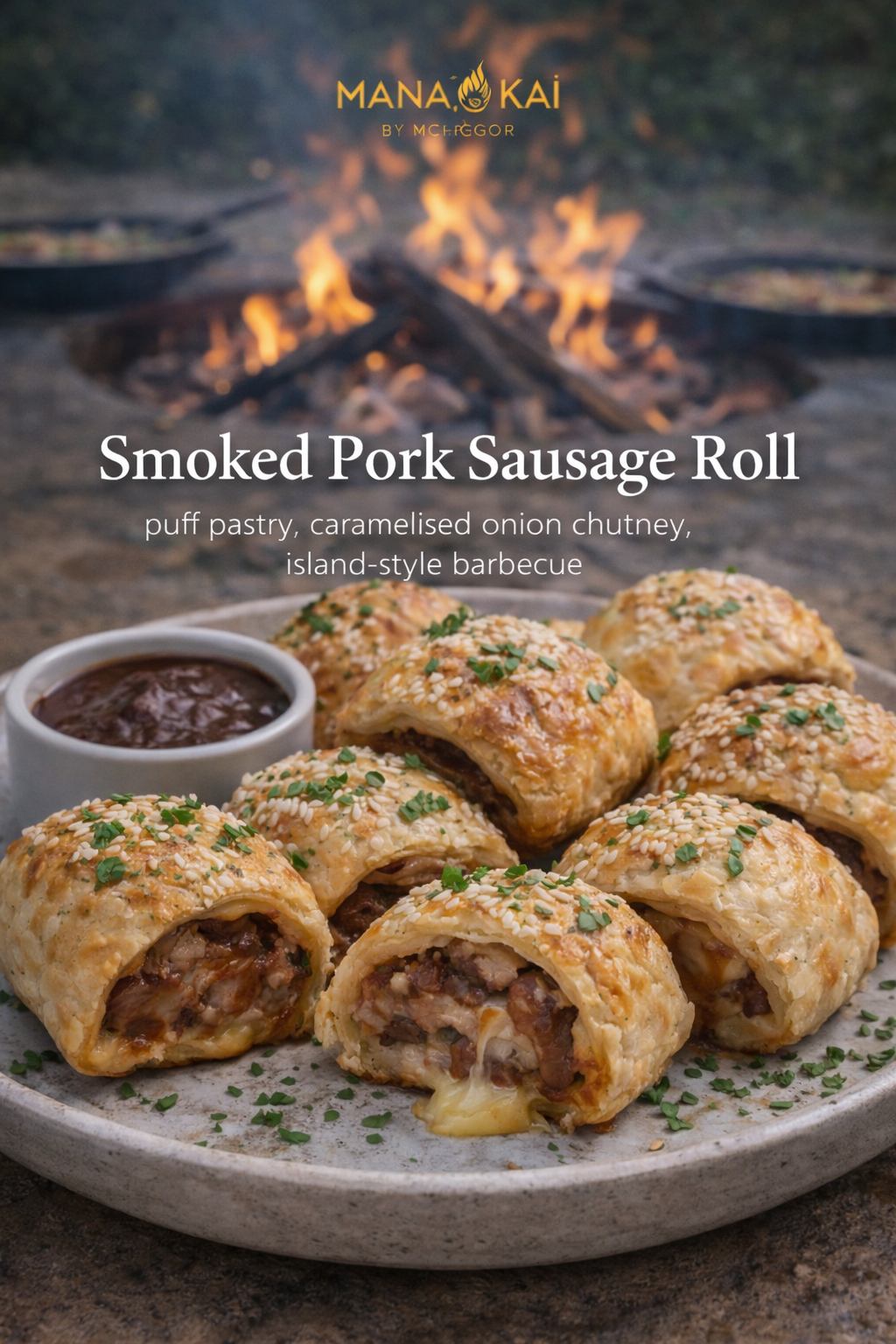 Plate of smoked pork sausage rolls topped with chopped herbs, served with a side of tomato relish by a fire in the background.