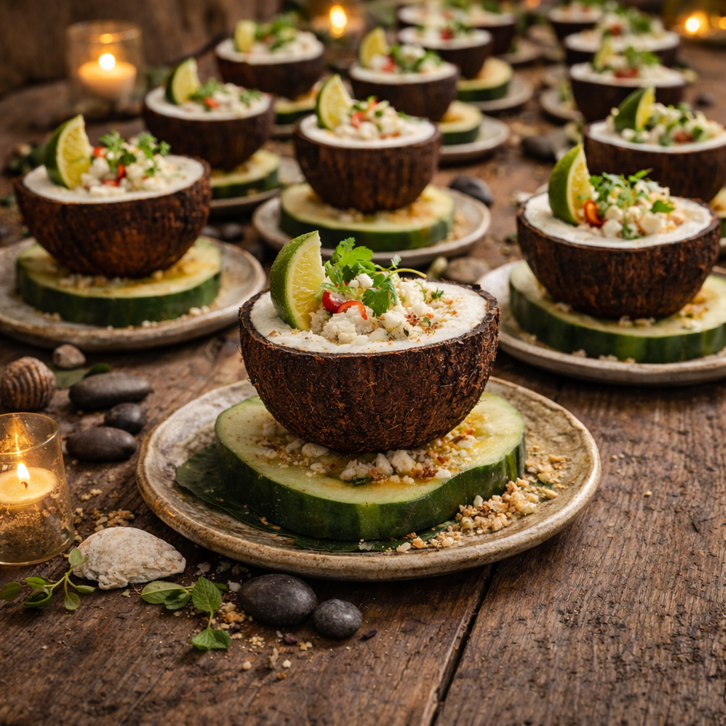 Coconut shells filled with kingfish ceviche garnished with lime wedges and herbs, arranged on ceramic plates on a rustic wooden table with candles and stones.