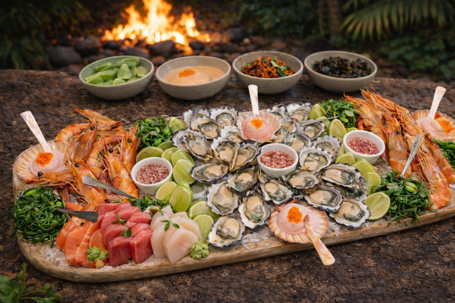 A large seafood platter featuring oysters, prawns, sashimi, and sliced fish, garnished with lime wedges, microgreens, and condiments in bowls. In the background, there are bowls with dipping sauces.