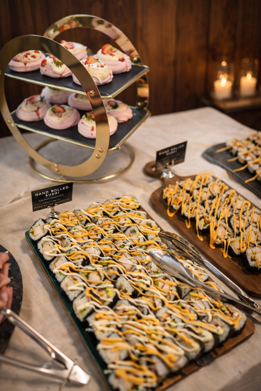 Sushi rolls on a platter for Mana Kai Catering by McGregor private function, birthdays,  weddings, anniversary, celebrations.