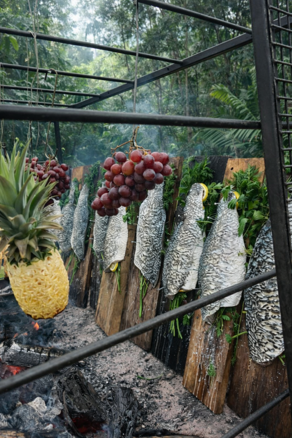 A pineapple and bunches of red grapes hanging upside down cooking over live fire, Barramundi on wood boards slow smoked, Mana Kai Private Chef Sydney, Events Mana Kai Sydney, Catering Sydney.