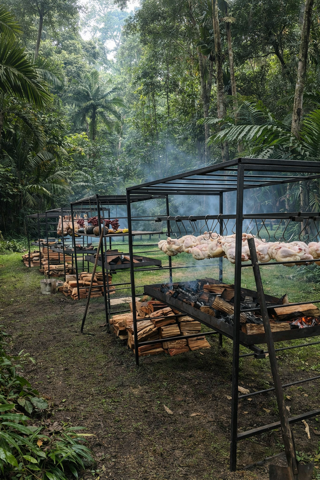 Chicken and meat being smoked on open fire over wood in a lush tropical setting.