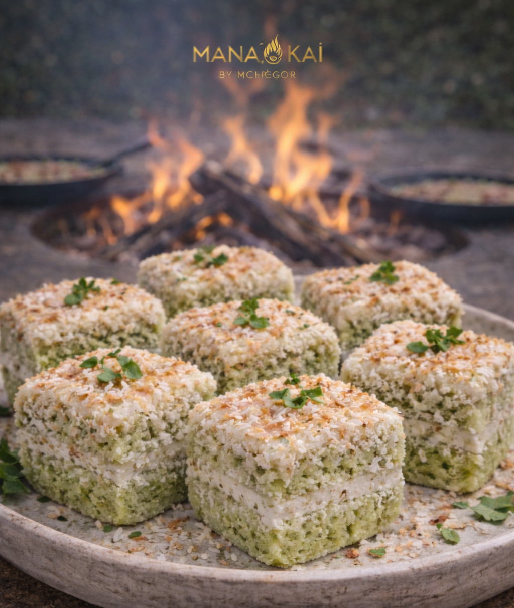 Coconut & pandan lamingtons inspired by Mana Kai — soft, airy sponge infused with fragrant pandan, coated in delicate coconut and finished with a light glaze.