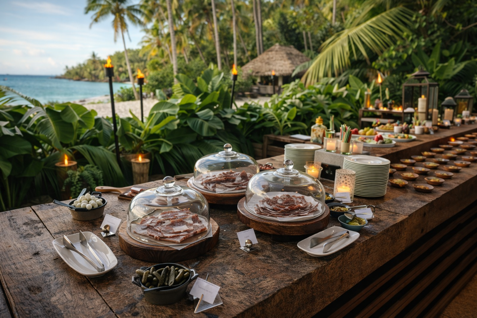 A tropical outdoor buffet table with various dishes, plates, and candles, overlooking a beach with palm trees and a thatched hut.
