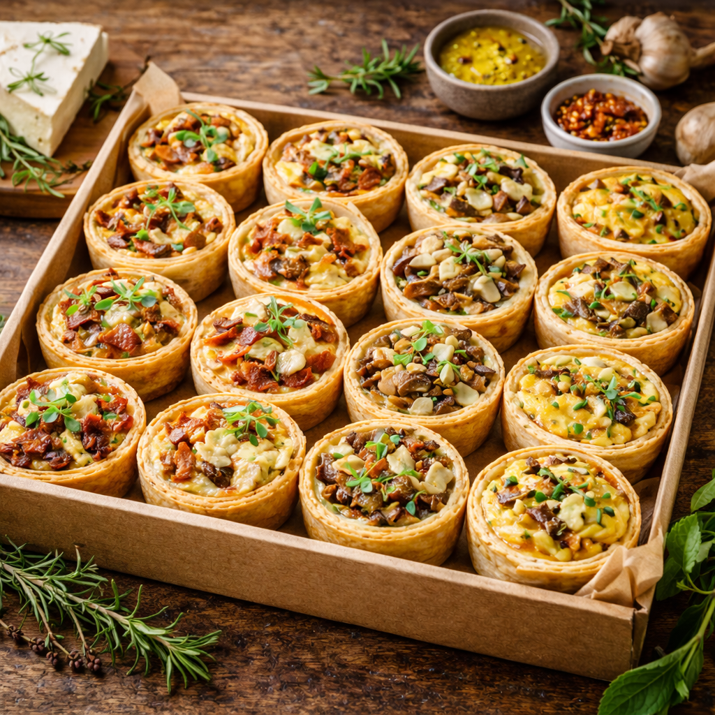 A tray of individual savory tarts topped with chopped herbs and shredded vegetables, garnished with micro greens, surrounded by bowls of mustard, wine, and garlic on a rustic wooden table. Mana Kai Catering | Events Sydney