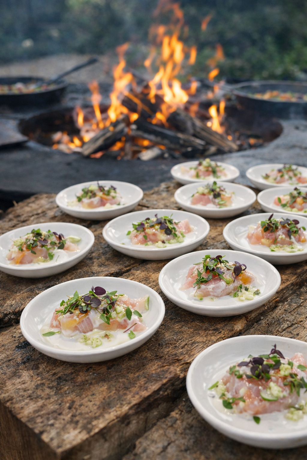 Canape style dish served in white dishes of raw fish, coconut and microgreens arranged on a wooden surface in front of an outdoor campfire.