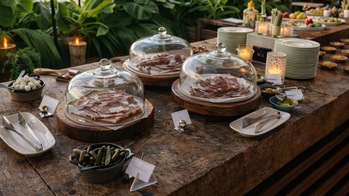 Buffet table with sliced meats under glass covers, surrounded by bowls of pickles and cheese, and plates with tongs | Sydney Mana Kai By McGregor Catering & Events