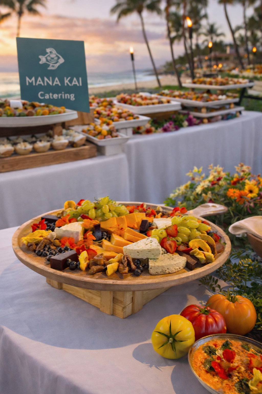 A cheese and fruit platter on a wooden tray with grapes, strawberries, and assorted cheeses, surrounded by decorative vegetables and flowers at an outdoor beachside event during sunset.