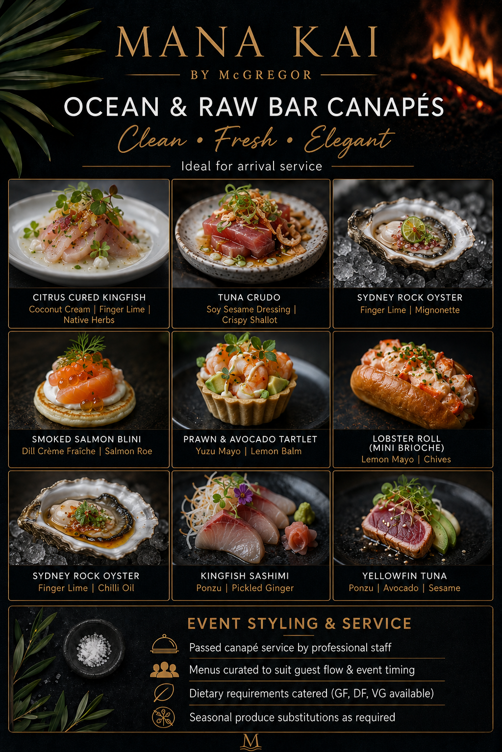 Menu display titled 'Mana Kai by McGregor' featuring ocean and raw bar canapés with images of various seafood dishes such as cured kingfish, tuna crudo, Sydney rock oysters, smoked salmon blini, prawn and avocado tartlet, lobster roll, kingfish sashimi, and yellowfin tuna. The menu emphasizes clean, fresh, and elegant presentation, with options suited for event styling and service.