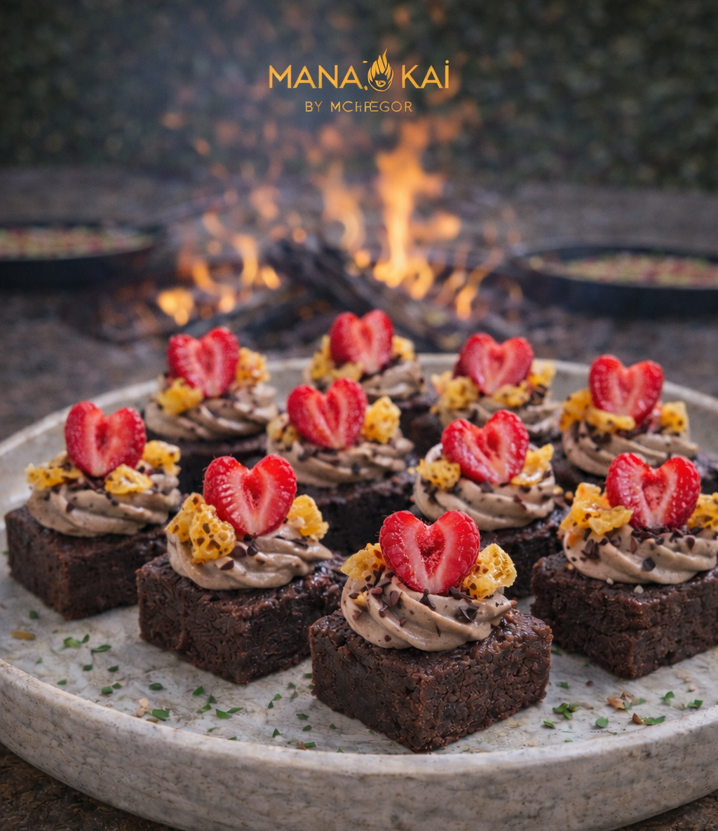 Chocolate brownies topped with mocha whipped cream, strawberries, honey comb, arranged on a white platter with a fire pit in the background.