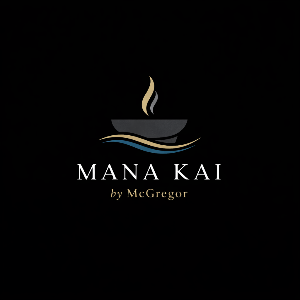 Logo design for Mana Kai by McGregor featuring a kava bowl at the centre, with flowing water waves and soft smoke elements symbolising the connection between land and sea, set against a deep black background.